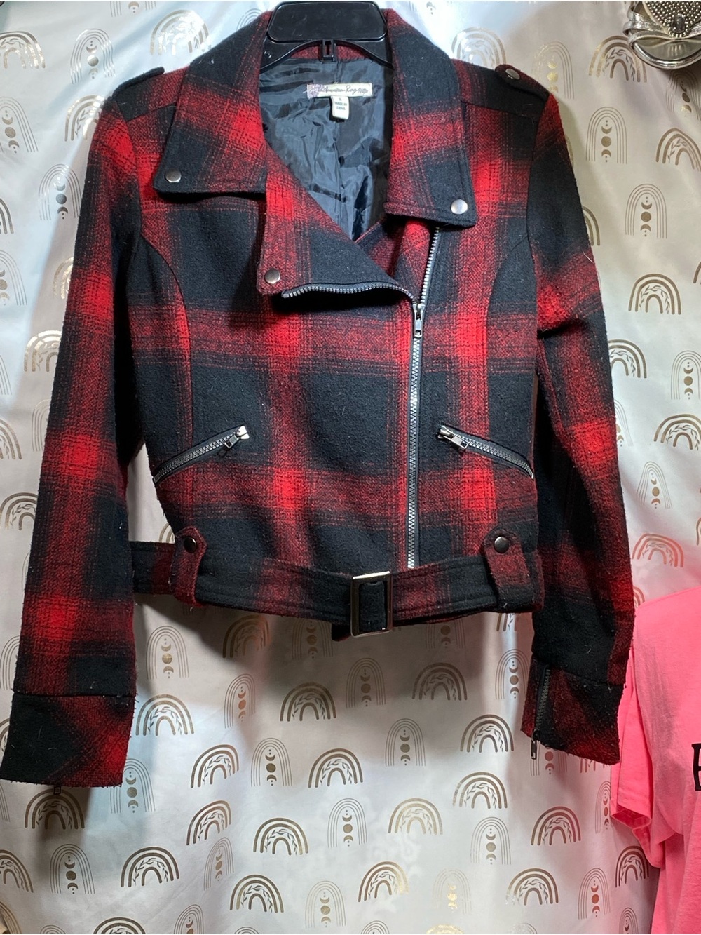 American Rag Red & Black Plaid Moto Jacket